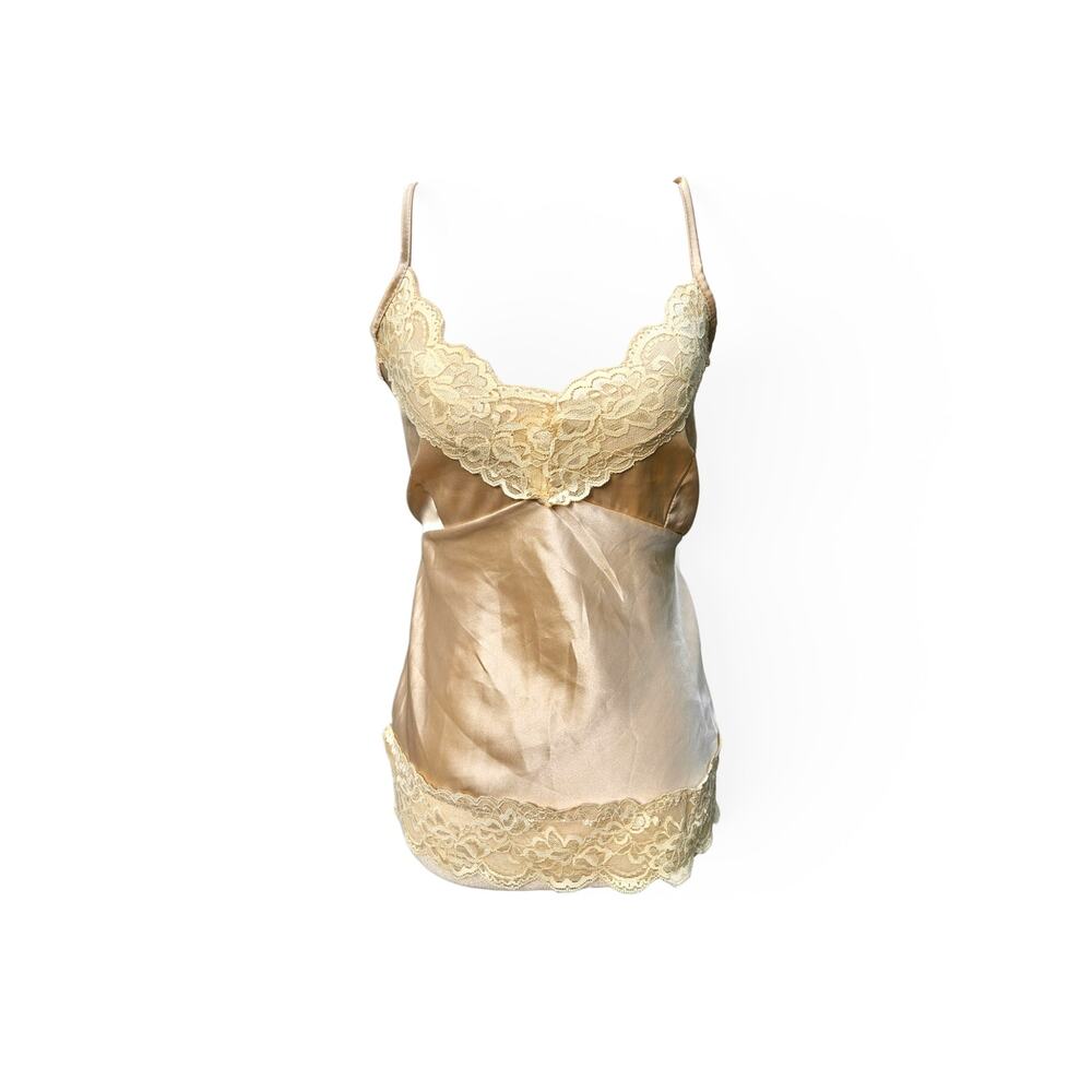 Euro Satin Lacey Cami Top Tie-Back Champagne Beige - Size Small